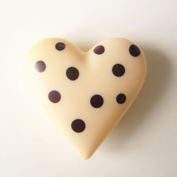 White chocolate hollow heart with polka dot design