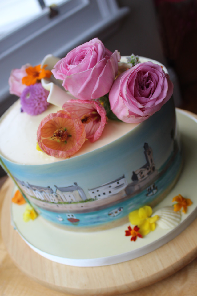 Painted Cornish Birthday cake with Porthleven and St Michaels Mount