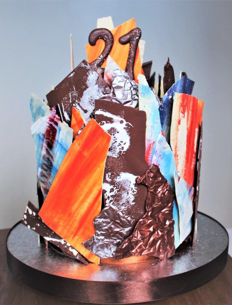 Abstract chocolate shard cake