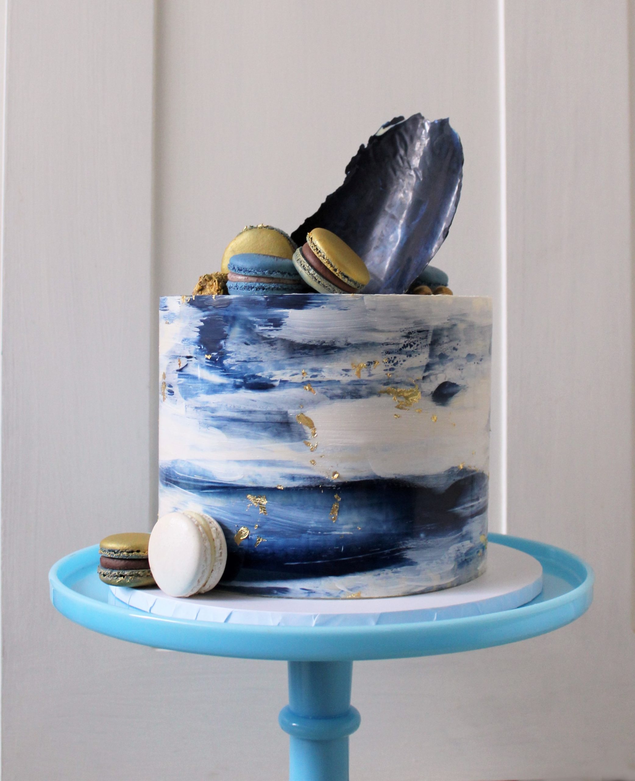 Blue marbled chocolate wrap wedding cake