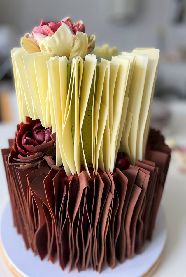 Vertical shard birthday cake chocolate and cherry